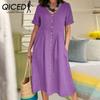 QICED Women Summer Casual Cotton V-Neck Short Sleeve Button Dress