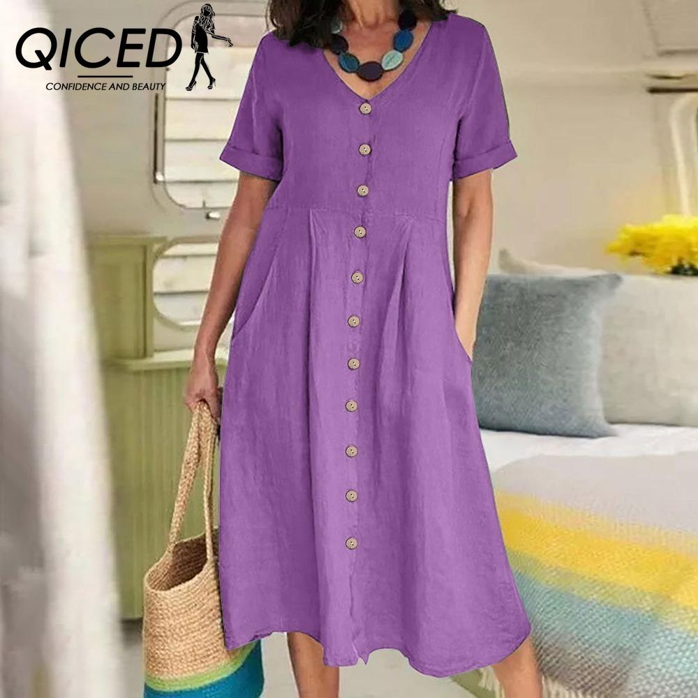 QICED Women Summer Casual Cotton V-Neck Short Sleeve Button Dress