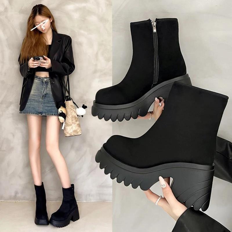 2025 New Winter Super High Heels Boots Women Suede Leather Platform Botas Mujer 36-42 Big Size Flock Ankle Botines for Woman