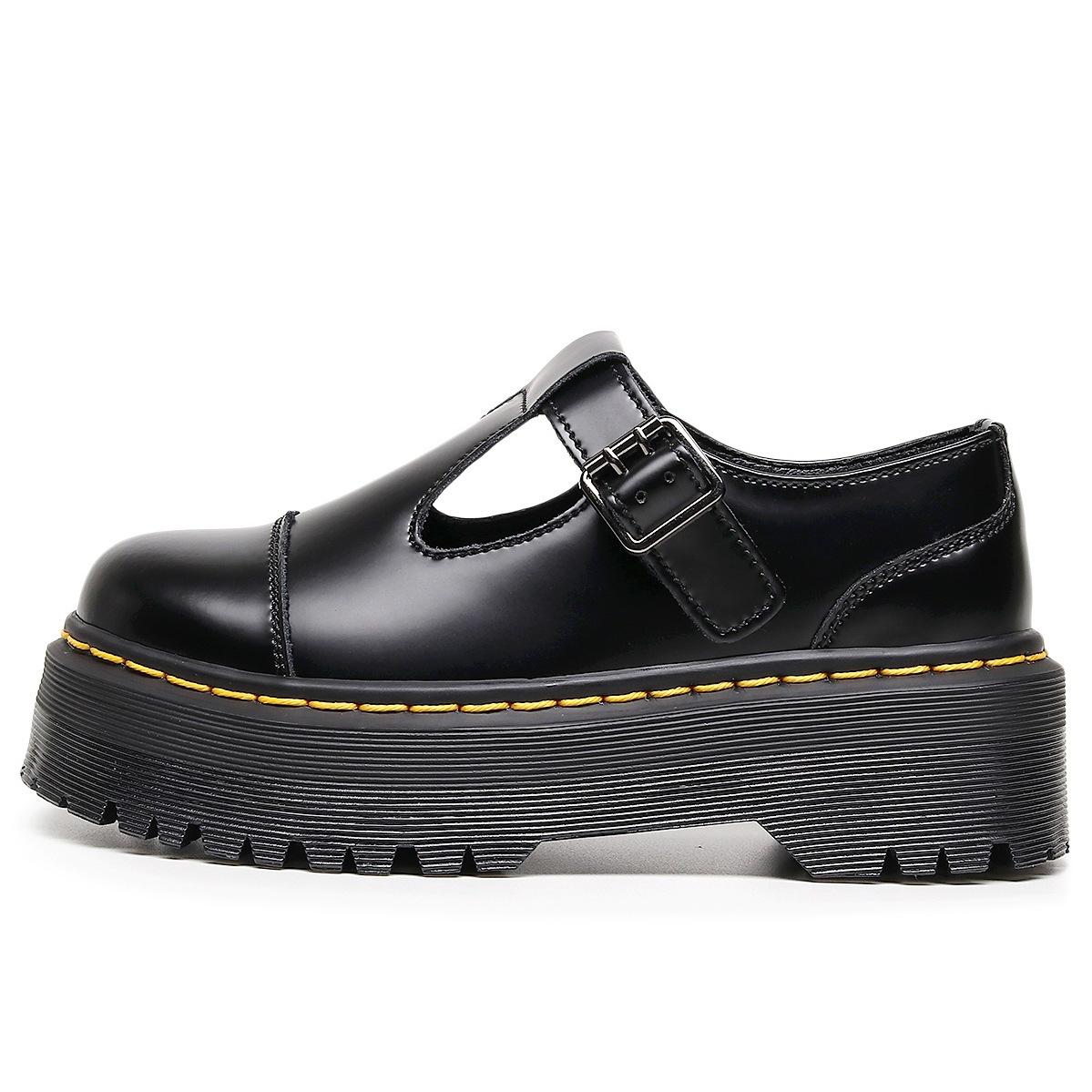 T-Band Mary Jane Women Shoes, Genuine Leather Low-Top British Style Heightened Platform Shoes 35