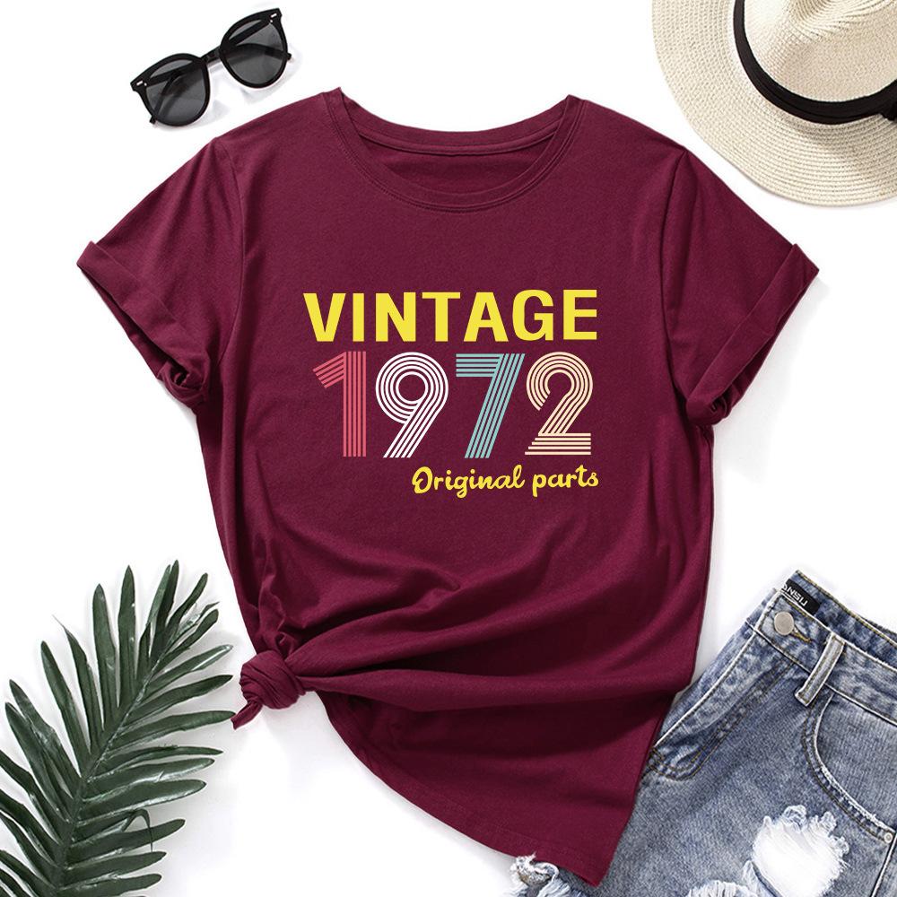 1972 Vintage Alphabet Cotton T-Shirt Short Sleeve Round Neck Women 2d Print Tops