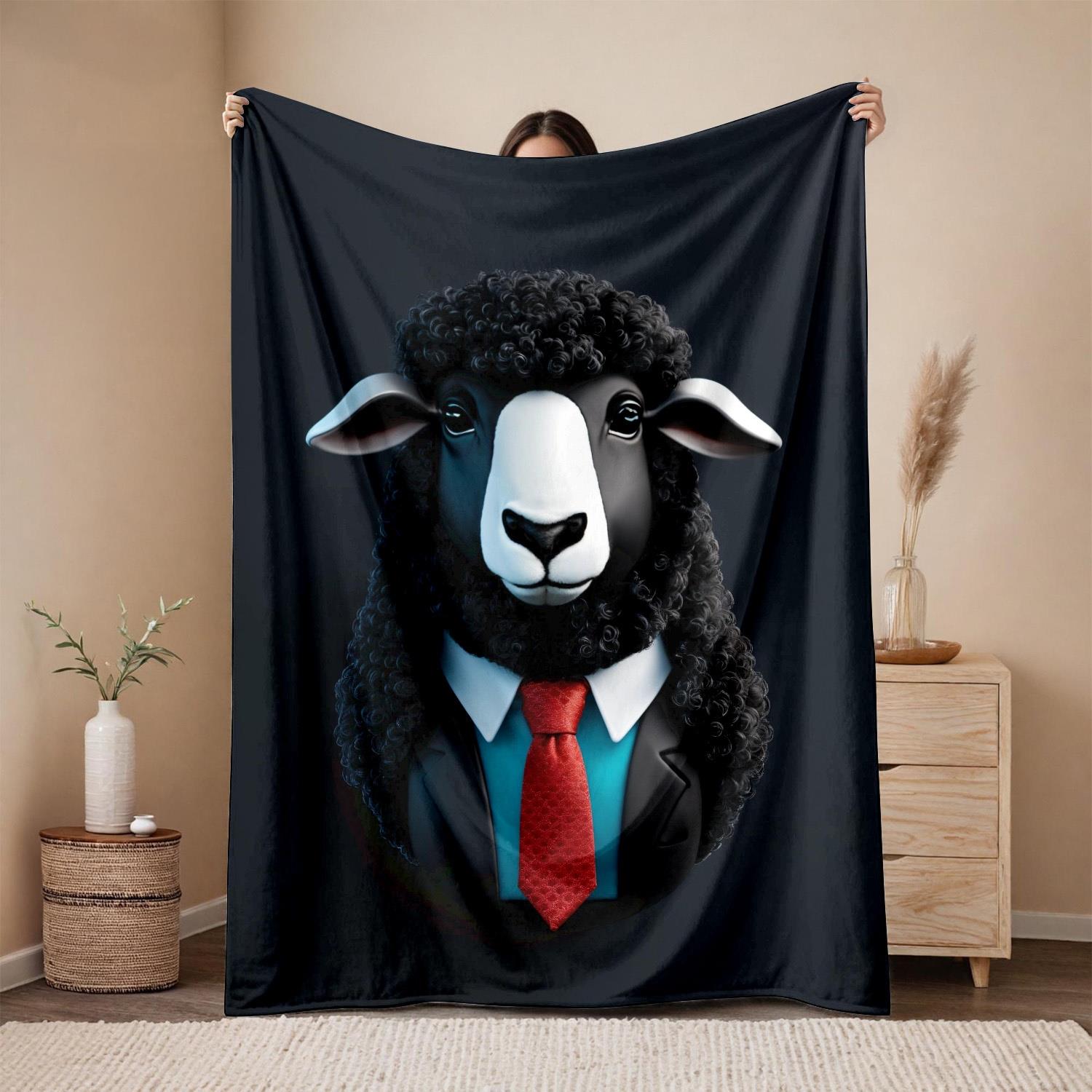 

Shirt with tie featuring sheep pattern Flannel printed blanket suitable for all seasons for living room office sofa and travel 75x100cm (30x40inch)