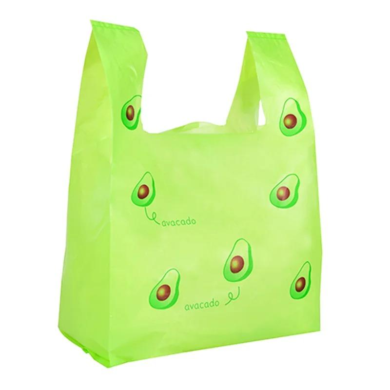50pcs Disposable Peach Fruit Pattern Hand Bag Packaged Flower Takeaway Bags Snack Double Ear Plastic Vest Handle Shopping Pouch