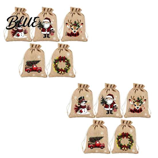 Holiday Treat Bags for Kids Christmas Drawstring Bags, Small Festive Prints Burlap Pouches Seasonal Gift Wrapping Supplies Candy Jewelry And