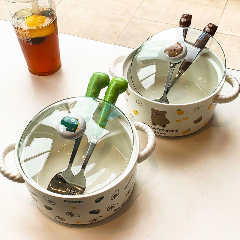 Korean Style Cute Heart Ceramic Noodle Bowl with Lid for Dorm or Bedroom Microwave Use