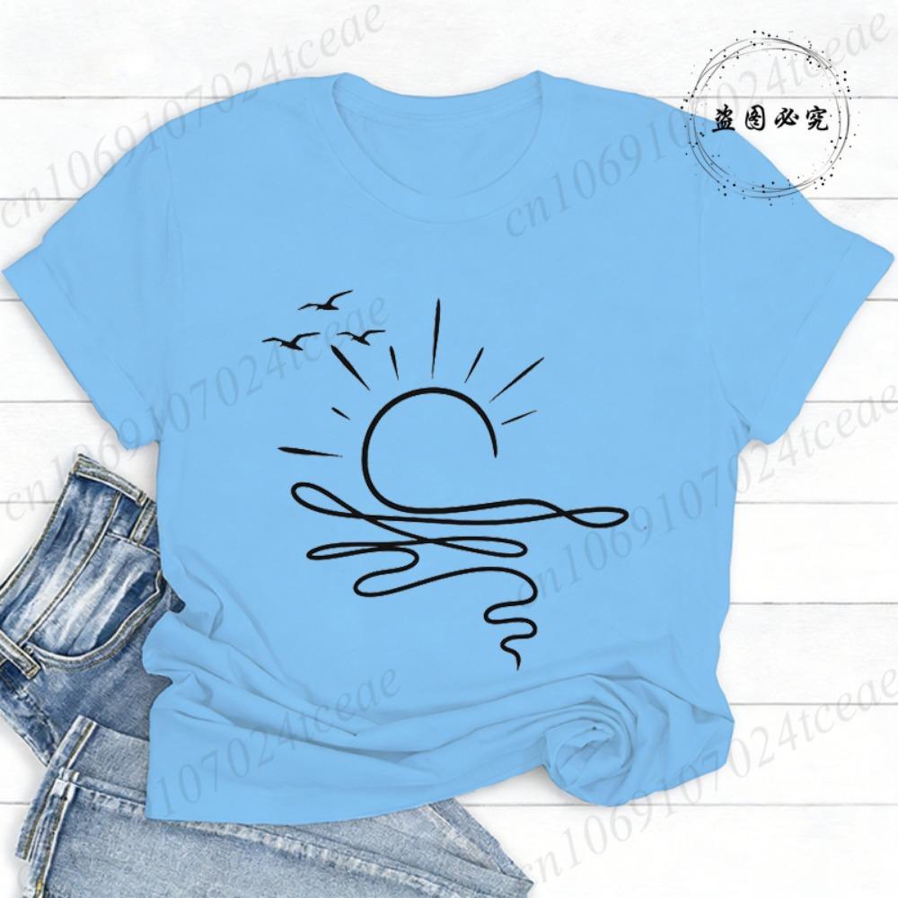 Sun Ocean Shirt Graphic Boho Summer T Shirts Trendy Beach Tee Cute Minimalist Summer T-Shirts Short Sleeve Trip Women's Shirts