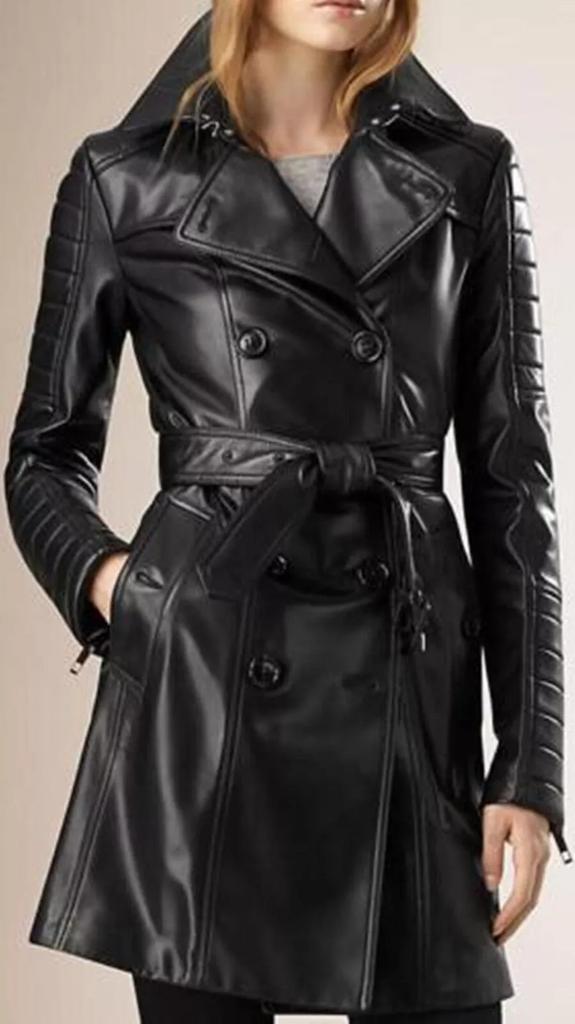 Trench Coat Halloween Casual Formal Stylish Women's Black Real Lambskin Leather