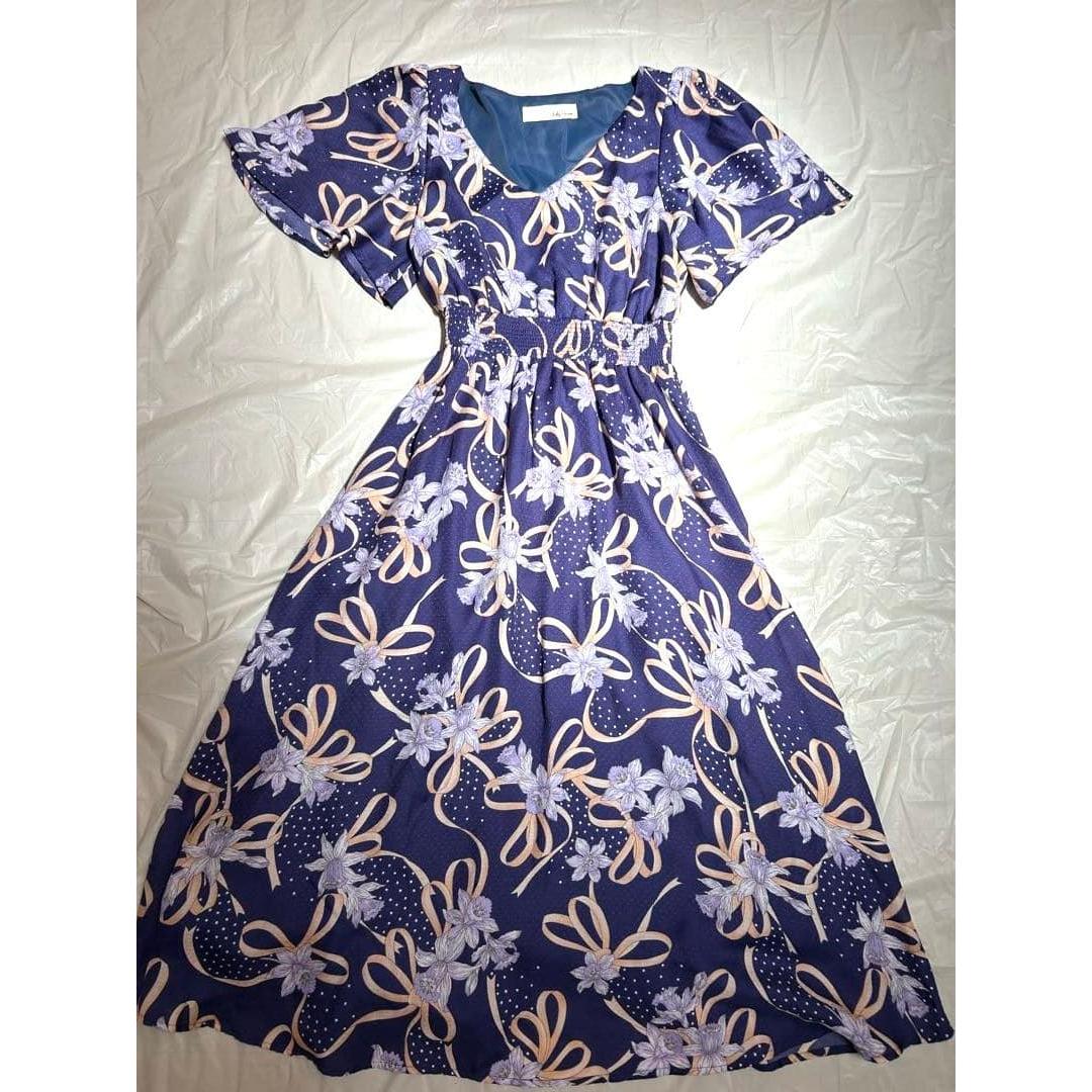 LILY BROWN Floral x Ribbon Pattern Flare Dress Flare Sleeves Purple Retro