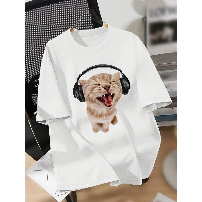 

Cat themed printed loose round neck fashionable women s short sleeved shirt S