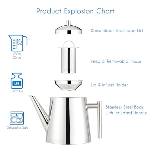 Easyworkz Stainless Steel Teapot, 800ml, with Strainer, for Black Tea (Silver)