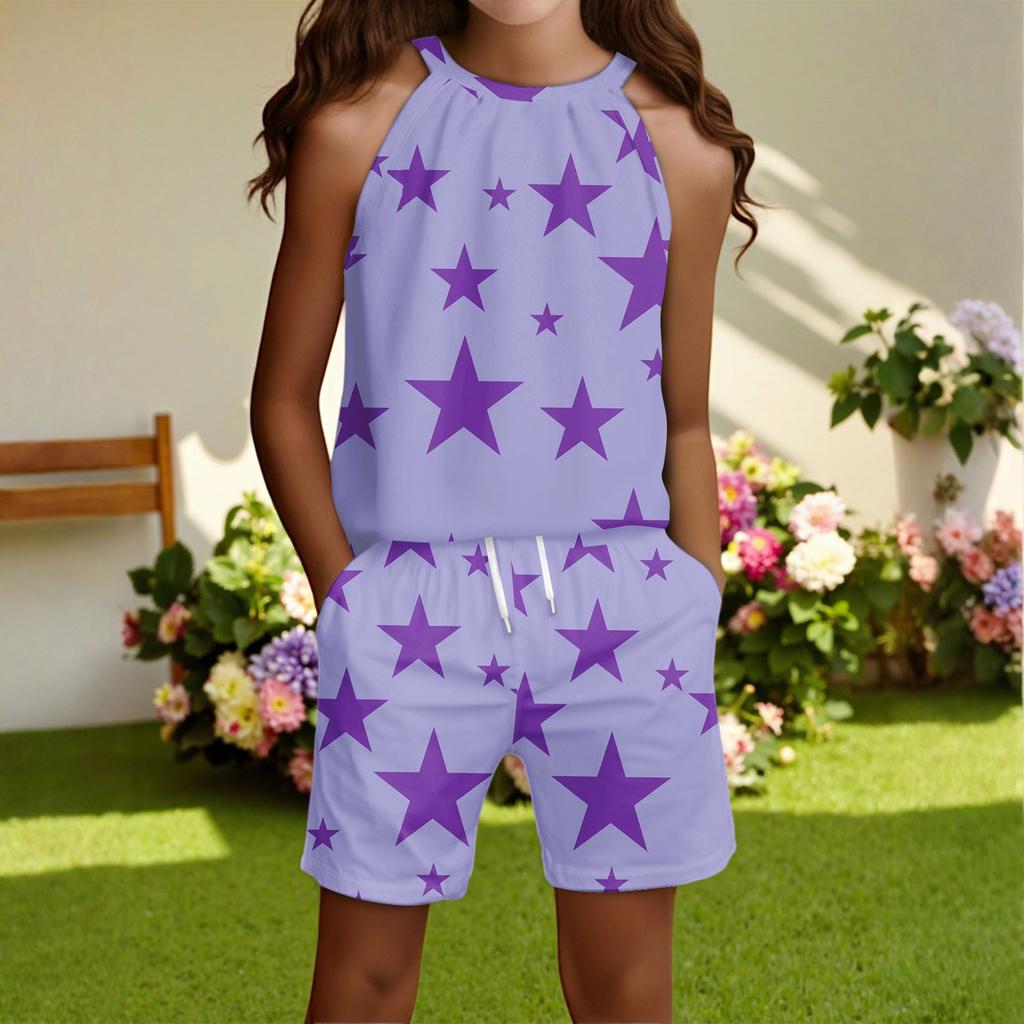 Children's Casual Fashion Round Neck Sleeveless  Top Shorts Set