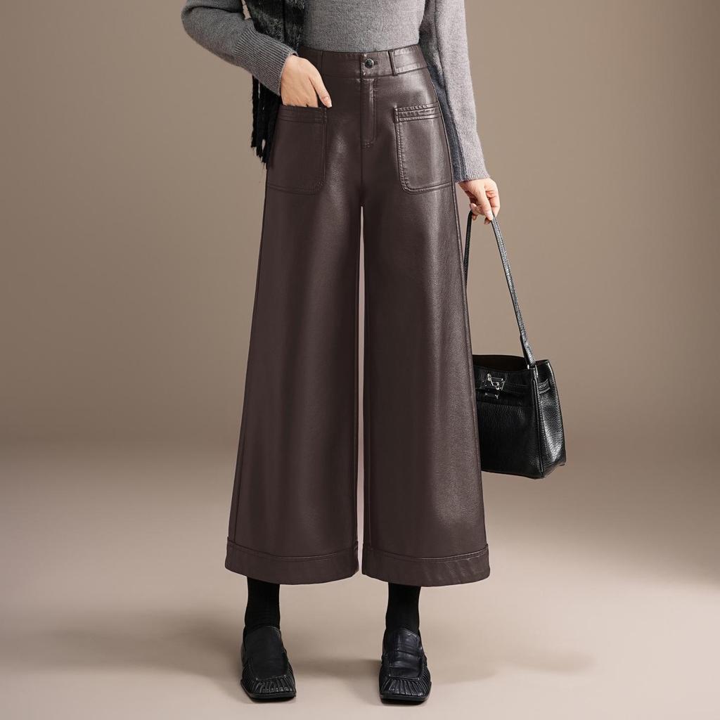 Pantalones de Cuero de Pierna Ancha Talla Grande de Cintura Alta para Mujer - Diseño Casual Recto de Terciopelo Corto Otoño/Invierno