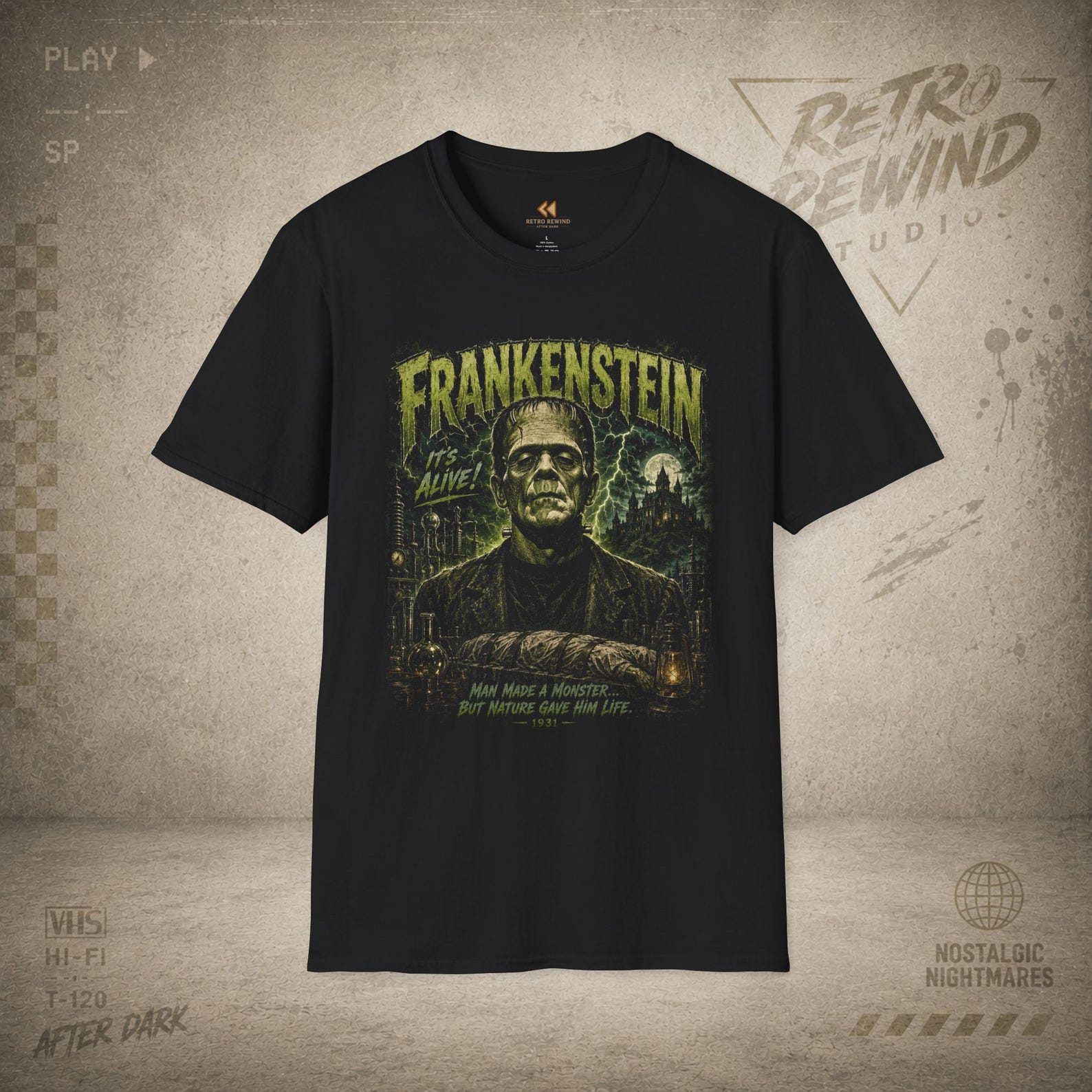 Frankenstein Monster T-Shirt | Vintage Horror Lightning Scene S
