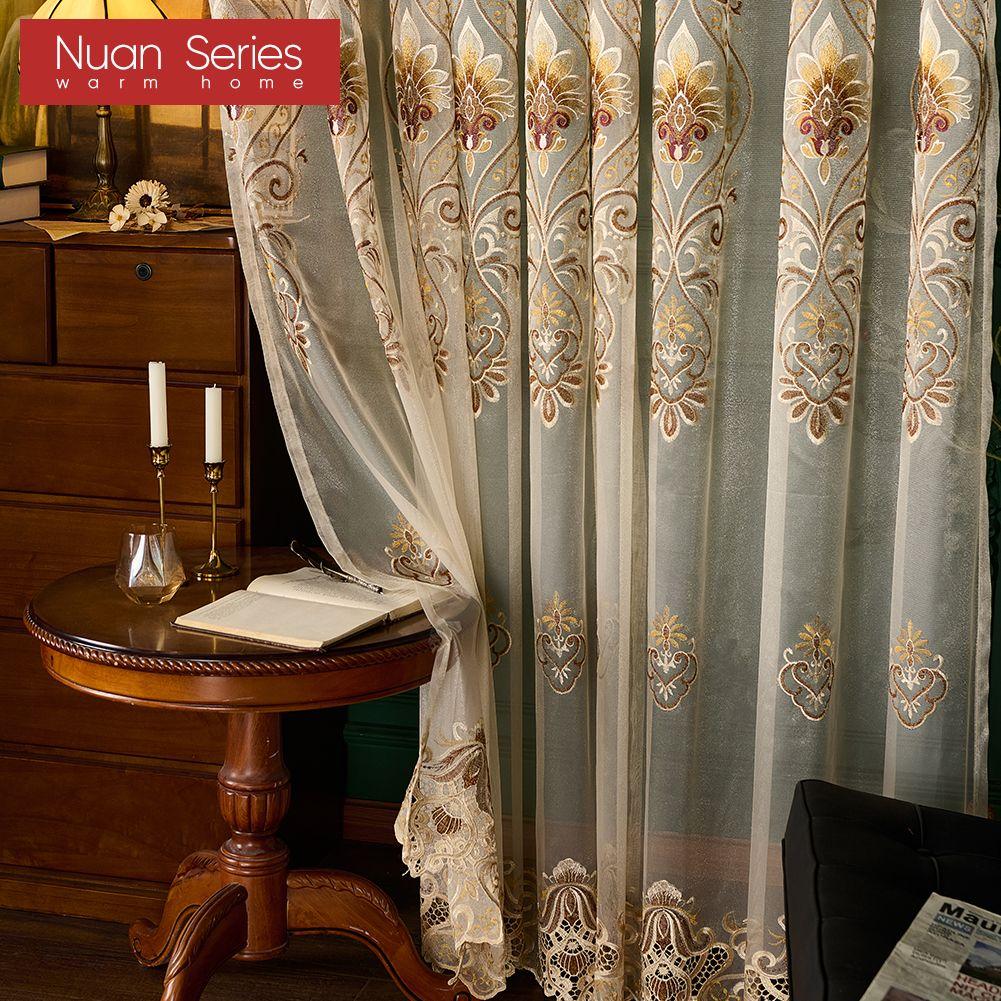 1 ks Nuan Series Evropský styl High-end Tylové Vyšívané Průsvitné Záclony do Obývacího pokoje Ložnice Balkonové Okno Domácí Dekorace