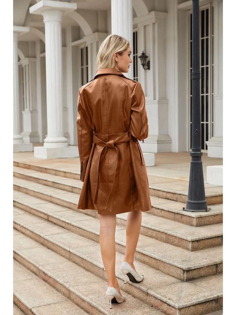 2023 European & American Mid-Length Belted Leather Trench Coat, Long Sleeve, British Style Outerwear for Women