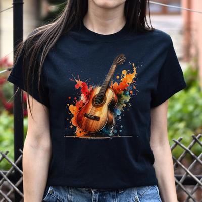 Artistic Guitar Color Splash Unisex T-shirt Black Navy Dark Heather