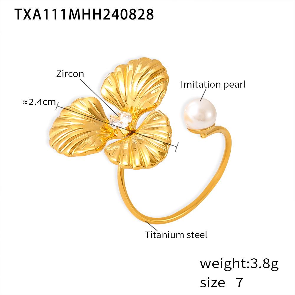 Pearl Flower 18K Gold Adjustable Titanium Steel Ring & Fashion Earrings Set