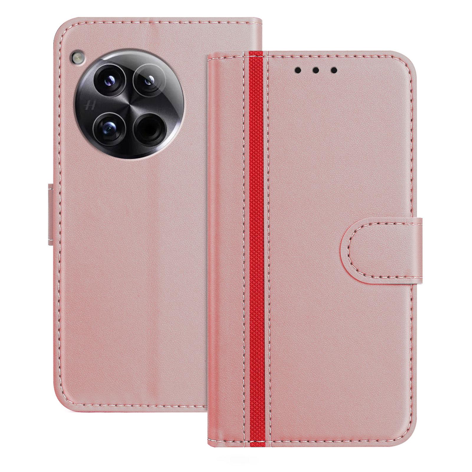 

For OnePlus 12 5G Phone Cases Wallet Stand Color Splicing Leather Cover with Magnetic Clasp Rose Gold
