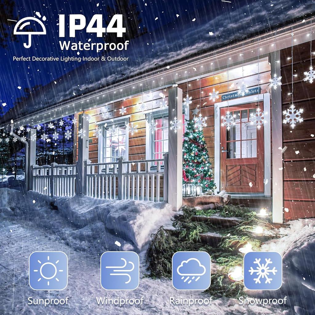 Christmas Snowflake Icicle Lights,6.5ft 144LED Curtain Lights Outdoor with 12 Drops, 8 Modes Waterproof Connectable Fairy Light for Eaves, Garden,