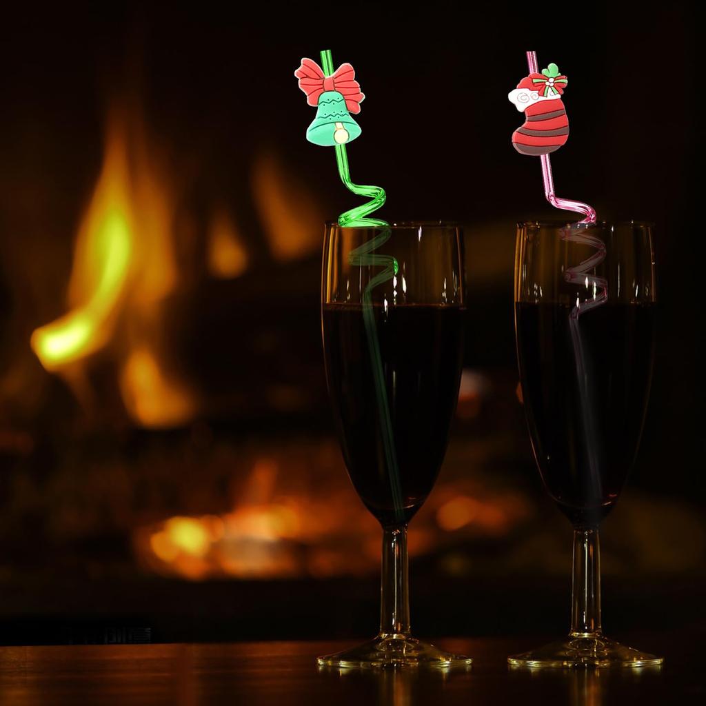 6/12pcs Christmas Reusable Drinking Straws Party Favors Straws with Santa Claus Snowman Elk Bells Christmas Party Gifts for Kids