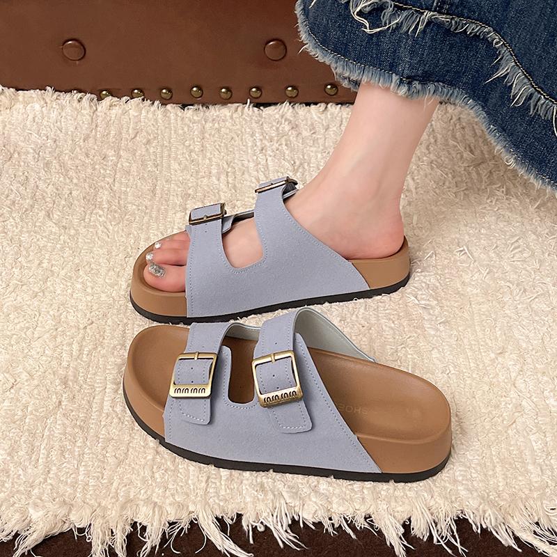 

Fashion 2025 Summer New Street Style Women Slippers Fashion Open Toe Women Slipper Ladies Comfort Thick Sole Beach Metal Button Slipper 35 синий