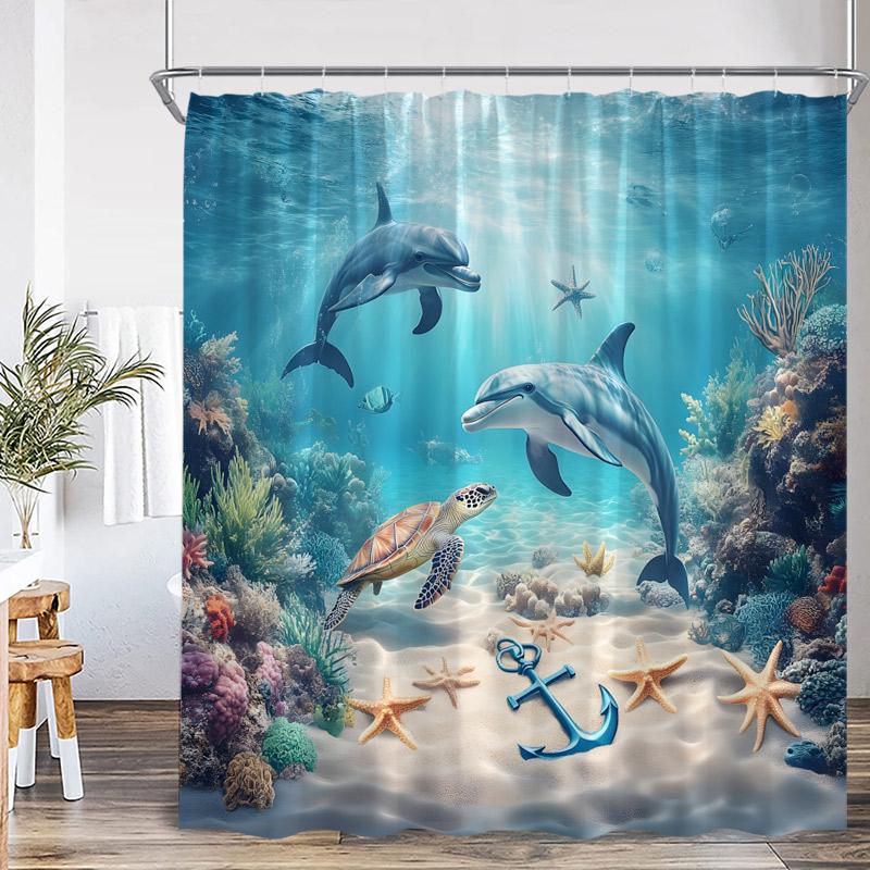 Ocean Dolphin Sea Turtle Shower Curtains Rainbow Waterfall Flowers Octopus Tropical Fish Seabed Scenery Bathroom Curtain Decor