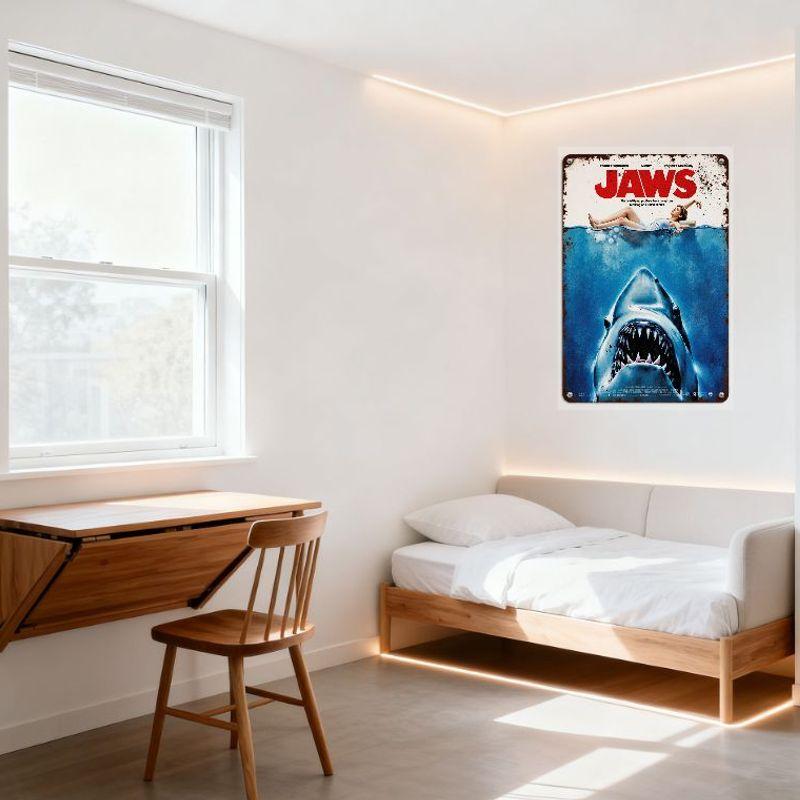 Jaws Vintage Metal Tin Sign, Distressed Rusty Border, Great White Shark Attack Scene, Home Decor for Man Cave Bar Cafe, Retro Mo