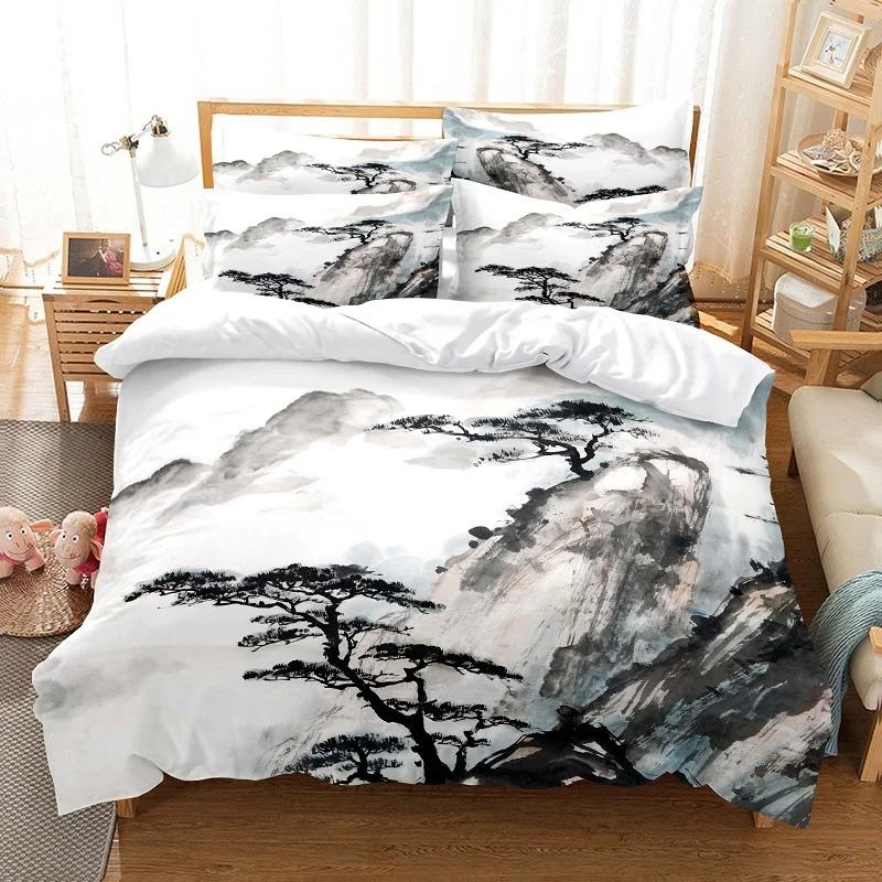 3D Oriental Ink Wash Painting Bedding Set, Bamboo Painting Print Duvet Cover with Pillowcases for Adults Teens