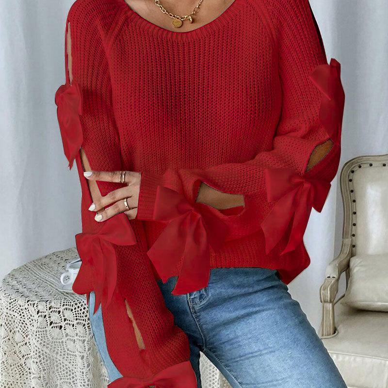 

Женские осенне-зимние пуловеры и свитера с круглым вырезом и бантом, с длинным рукавом, вязаные свитера-топы XL красный