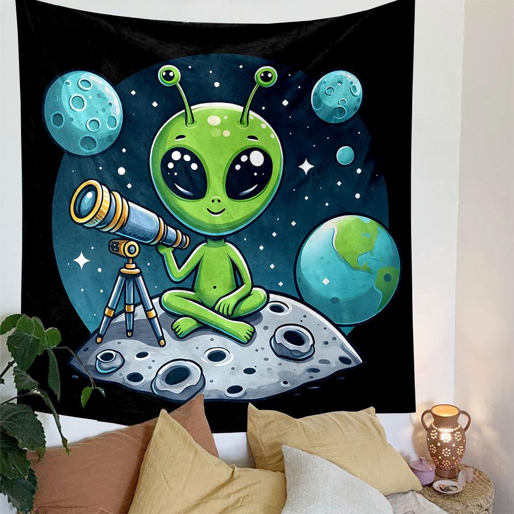 Alien Stargazing on the Moon Patterned Tapestry Decorative Wall Hanging, Home Bedroom Living Room Decor