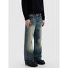 Blaexit Retro Vintage Whiskered Distressed Blue Washed Jeans Men's Slightly Flared Straight Casual Long Pants