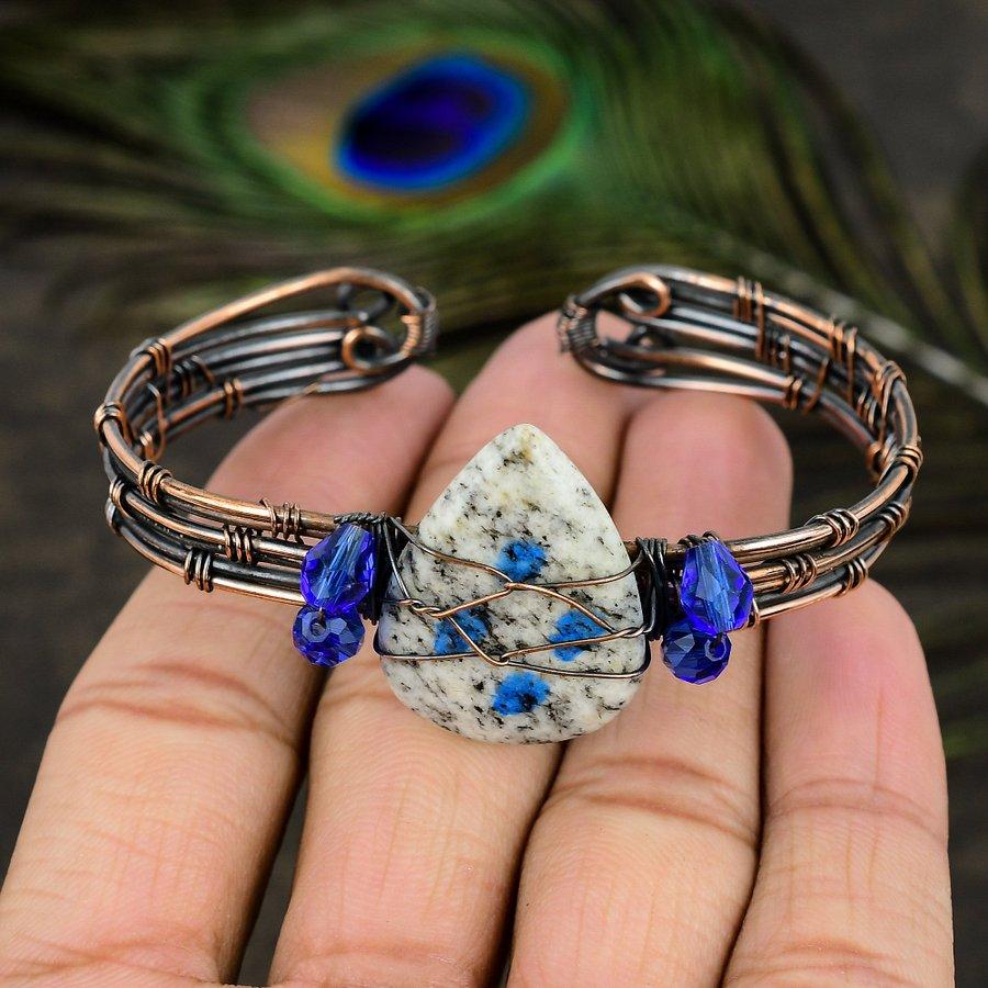 Natural K2 Azurite Gemstone Handmade Copper Wire Wrap Cuff Bangle Adj. p7G51