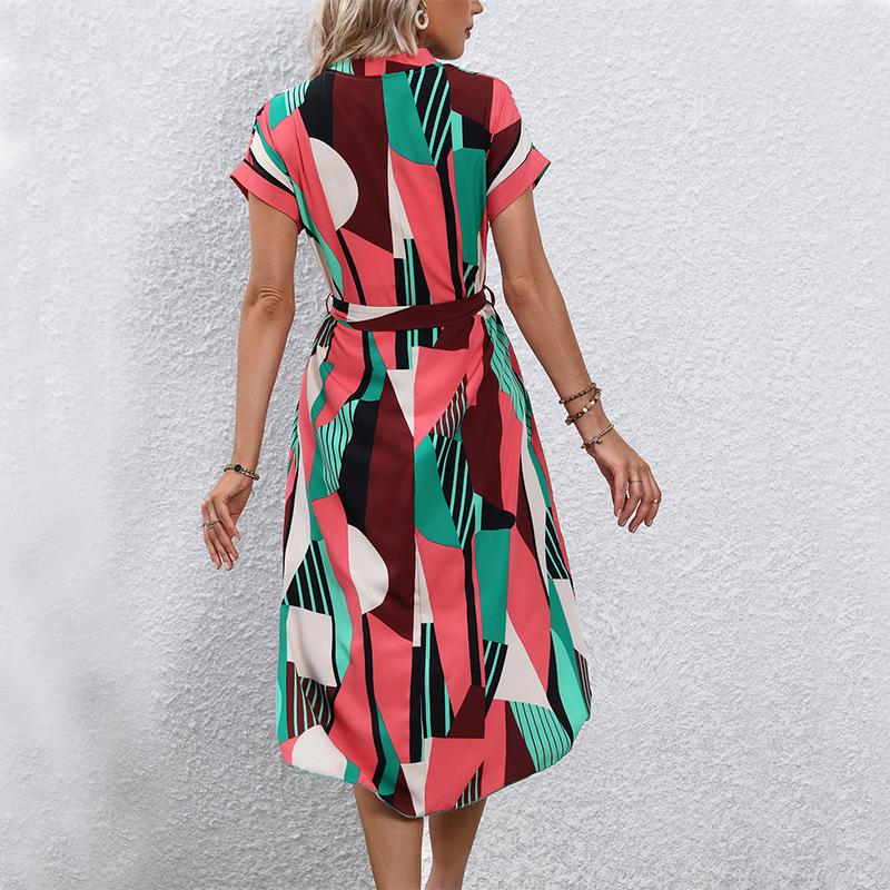 

Fashion Summer Elastic Long Dress Tie Up Color Matching V-neck Short Sleeve Loose Party Maxi Dress Women Vacation Style Bohemian Beach Dress S