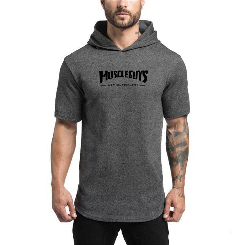 

Летняя мужская футболка с капюшоном для фитнеса и бодибилдинга Muscleguys, молодежная спортивная футболка с капюшоном, модная универсальная повседневная футболка с коротким рукавом XXL серый