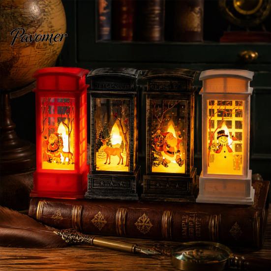 Bedroom Bedside Lamp Telephone Booth Christmas Lantern, Vintage LED Flameless Candle Night Light Retro Phone for Desk, Festive Tabletop Decor, Holiday