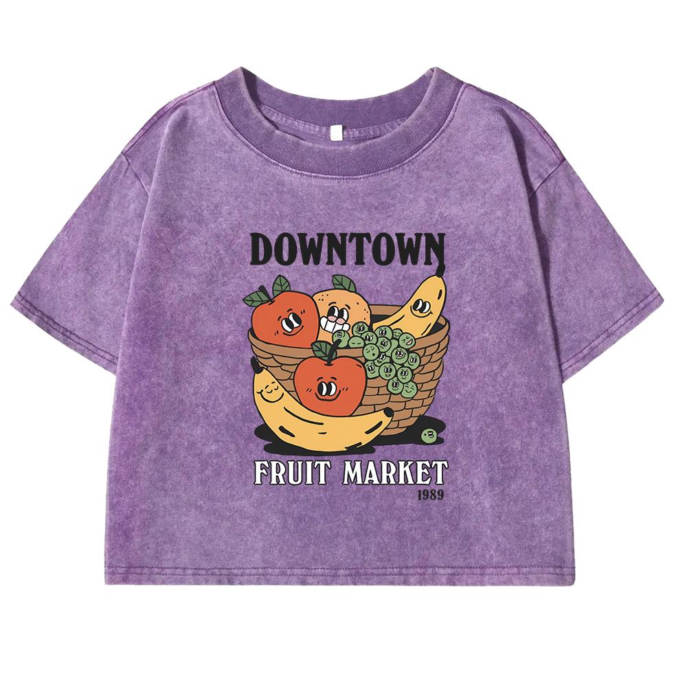 Banana Apple Grape Fruit Basket Slogan Prints Female T-Shirt Washed Short Sleeve Slim Tee Shirts Cotton Crop Top