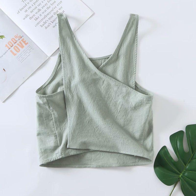 

Kaslead New Arrival Women s Clothing Fashion Style Sexy Back Cross Linen Short Top Kc09189021506 Mung bean Gray L