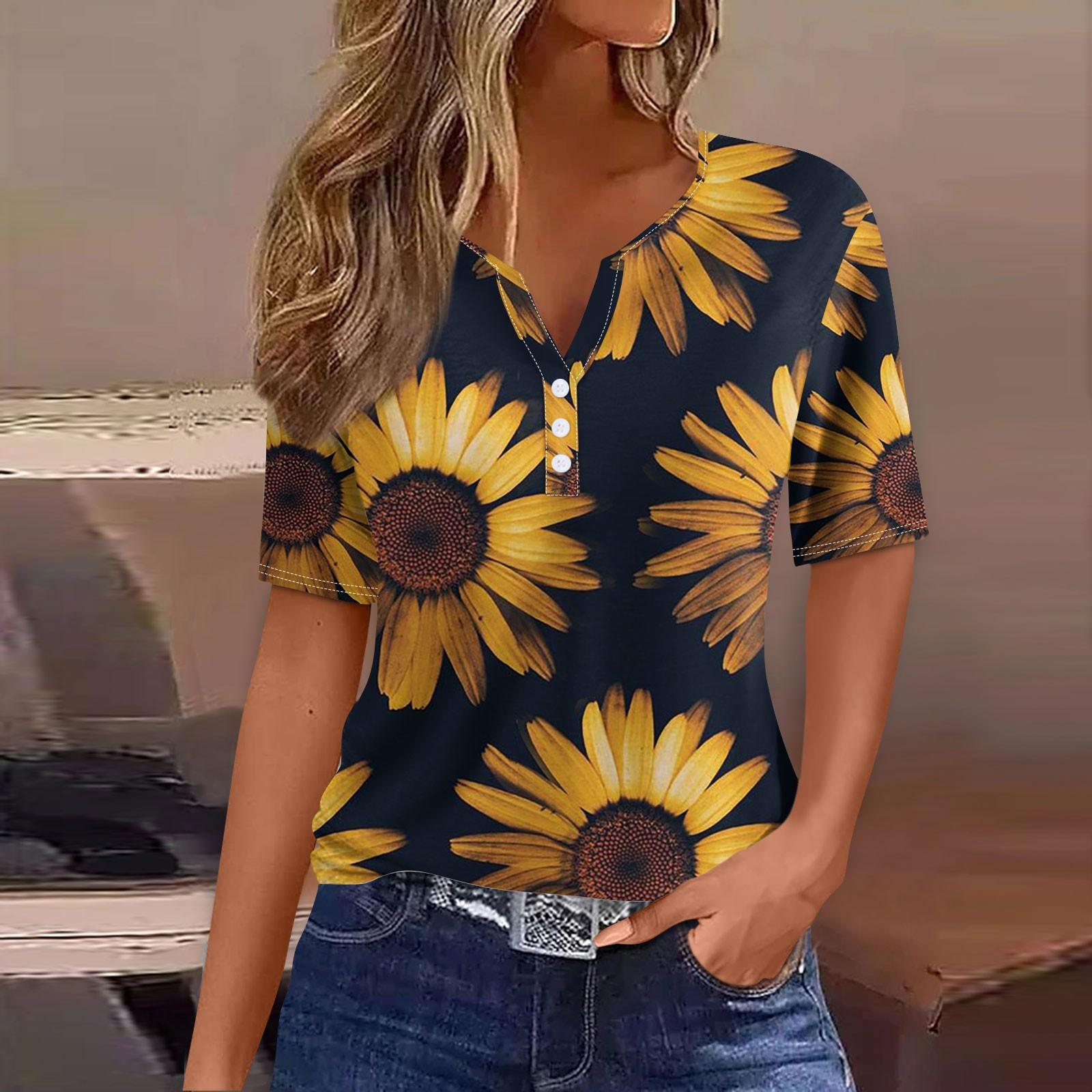

Модные женские летние футболки с принтом подсолнухов, свободные повседневные футболки с коротким рукавом, на пуговицах, с V-образным вырезом, базовые топы Ropa Para Mujer 6XL