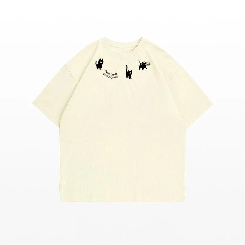 Heavyweight 100% Cotton Unisex Kitten Print Loose Short Sleeve T-shirt