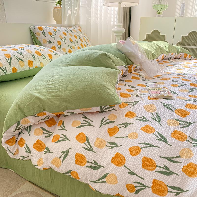 Set Lenzuola Seersucker a Quattro Pezzi Lenzuolo Copripiumino Federe