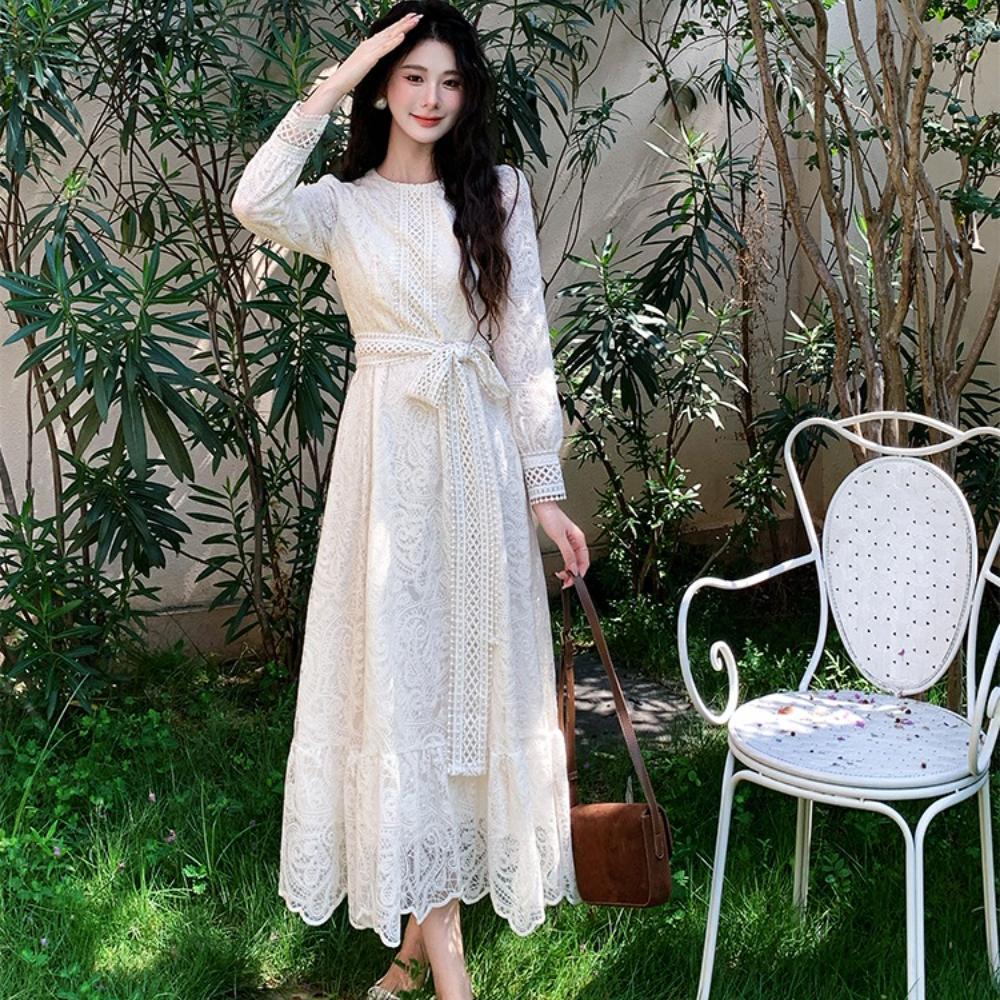 Elegant Crochet Lace Prom Party Dress Women's O Neck Long Sleeve Embroidery Flower Hollow Out A-Line Long Dress