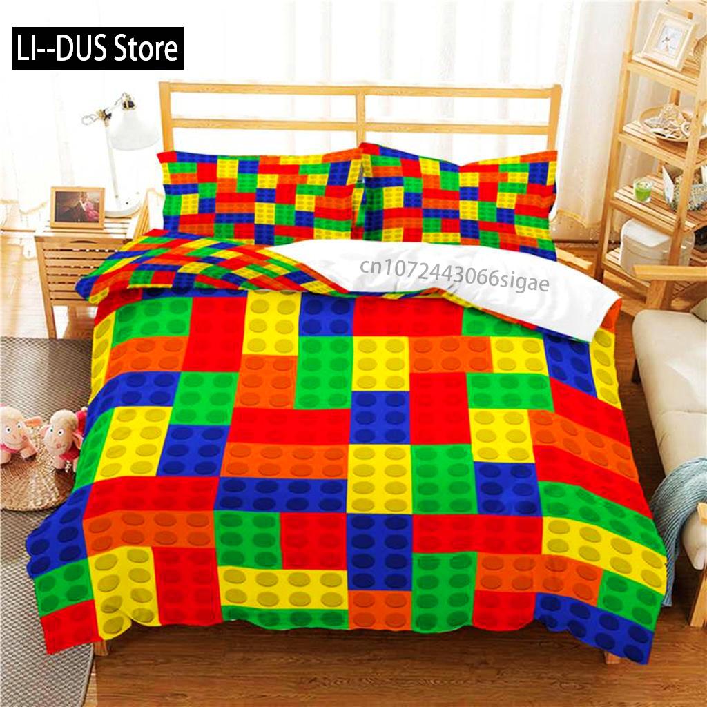 Toy Print Duvet Cover Set Square Gradient Blocks Bedding Set For Kids Teen Colorful Bricks Game Queen Microfiber Comforter Cover