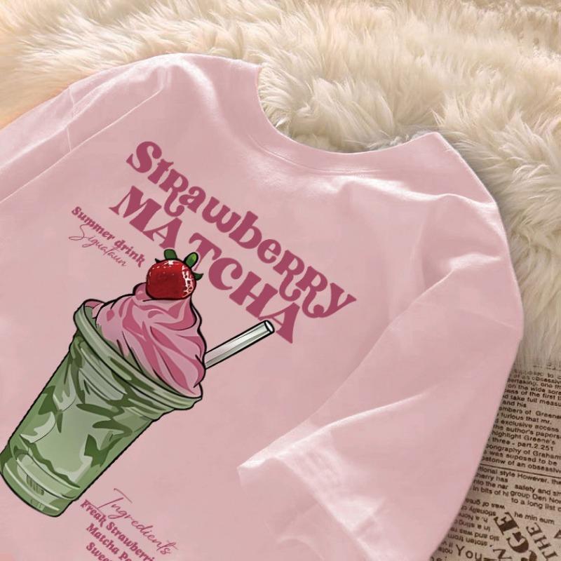 Summer Fashion Sweet Style Strawberry Matcha Ice Cream Printed Tshirt for WomenShort Sleeved Top Casual Round Neck Tee