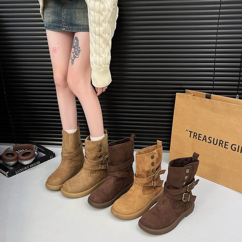 Autumn western trend short boots autumn and winter new velvet warm buckle niche design snow boots women