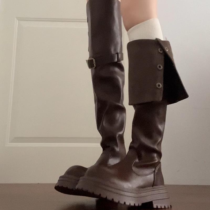 Westernstiefel mit dicker Sohle, dicke Absätze, Overknee-Stiefel, Damen 2025, Herbst und Winter, neue Retro-Mode-Ritterstiefel zum Umklappen