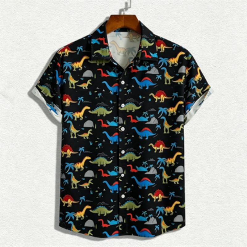 Men's Short Sleeved Shirt, European and American Casual Men's Shirt, Fun Dinosaur Pattern Short Sleeved Shirt, Youth Loose and V