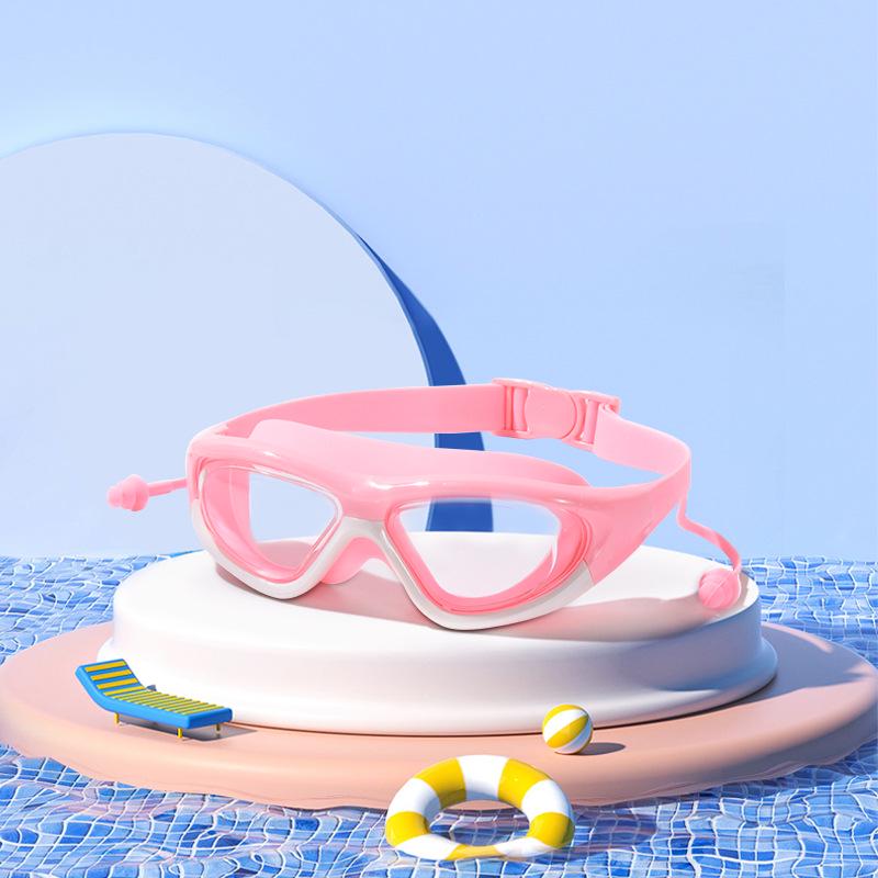 Kinder Wasserdichte, Beschlagsfreie Schwimmbrille mit Ohrstöpseln – Großer Rahmen, HD Taucherbrille für Jungen & Mädchen.