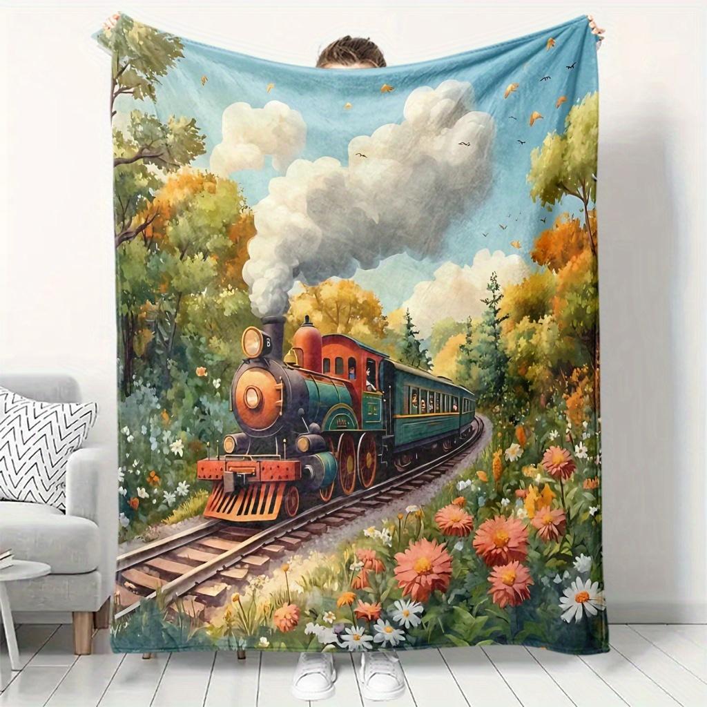 A Cozy Vintage Steam Train Themed Fleece Blanket with Soft High-Definition Digital Printing, Suitable for All Seasons As a Gift for Family And Friends