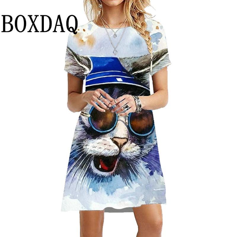 Oversized Short Sleeve Dress Summer O-Neck Women'S Dress Loose Kawaii Painting Cat Print Dress Harajuku Streetwear Hip Hop Dress