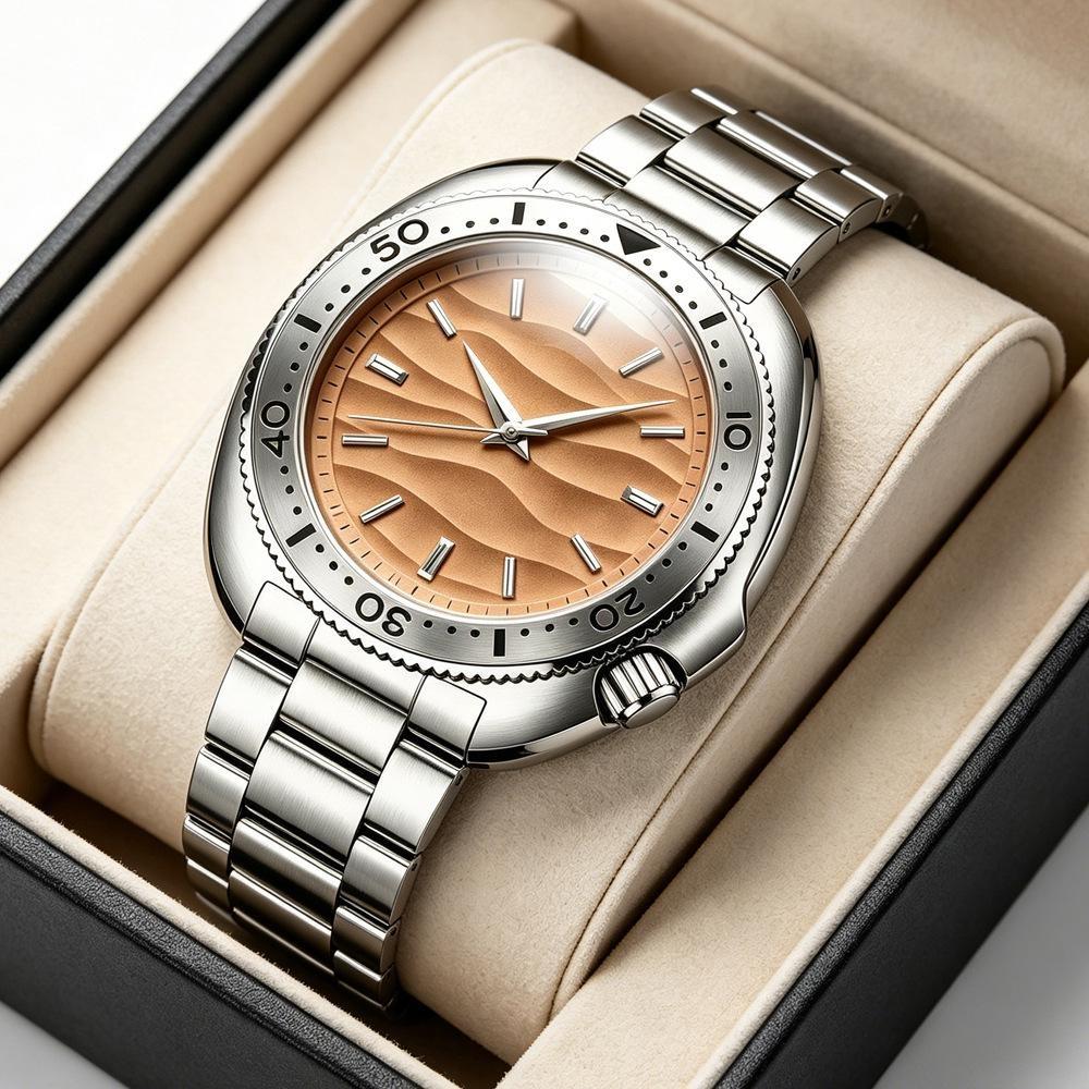 Mens Vintage Watch Steel Quartz Analog Wrist Watch Wateproof Rotating Bezel Wave Orange Dial Dress Watch for Men
